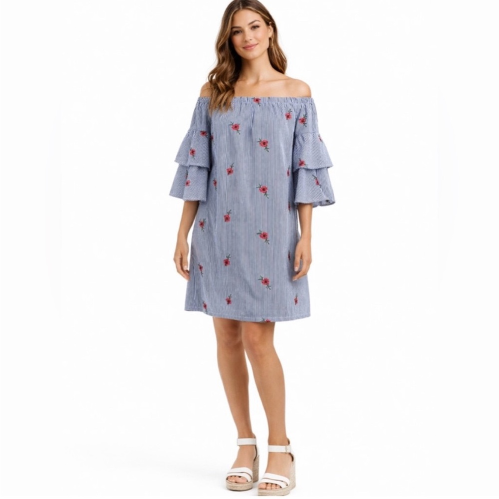 Betsey Johnson off shoulder blue stripe floral off shoulder dress
